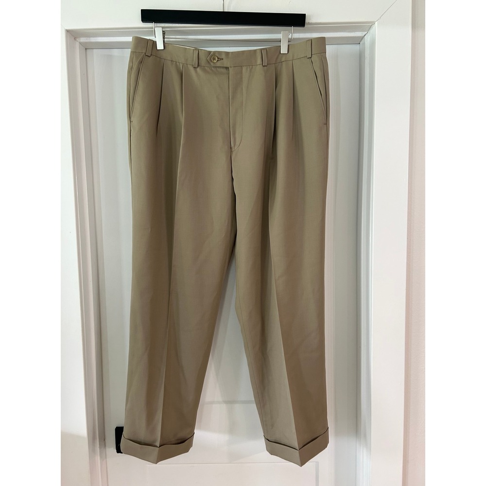 Lauren Ralph Lauren Mens Super 100s Wool Pleated Cuffed Dress Pants Tan 38x30